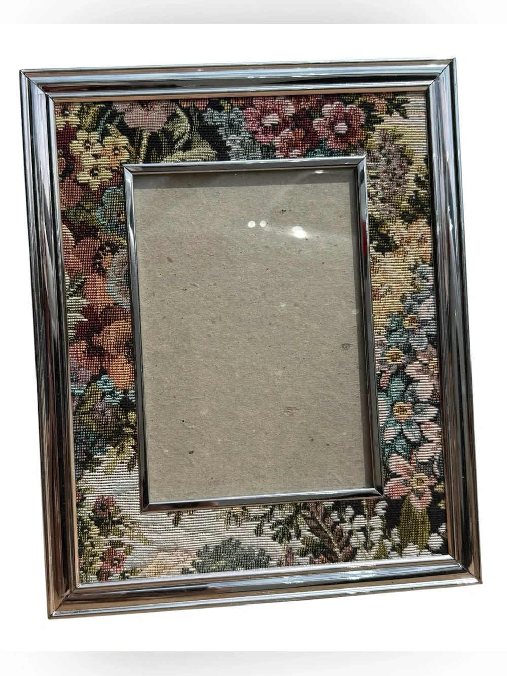 Vintage Floral Tapestry Picture Frame Silver Tone 5x7 Tabletop Cottage Decor